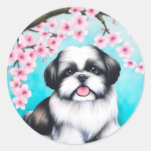 Shih Tzu in Oriental Cherry Blossom Runder Aufkleber