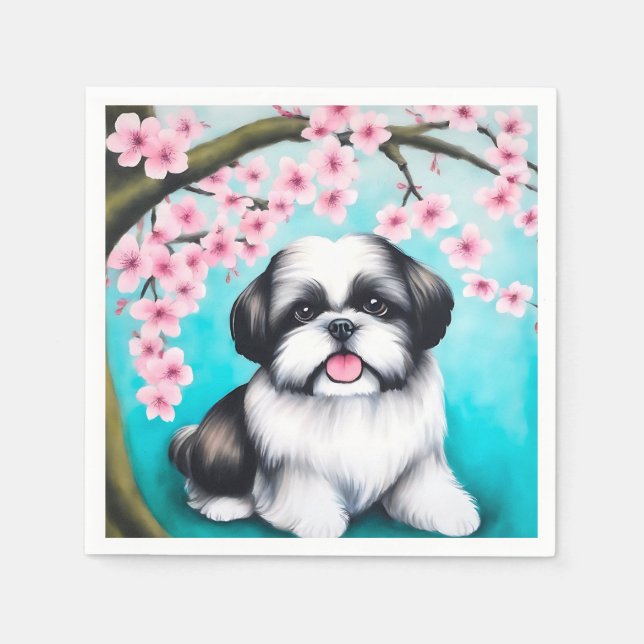 Shih Tzu in Oriental Cherry Blossom Serviette (Vorderseite)