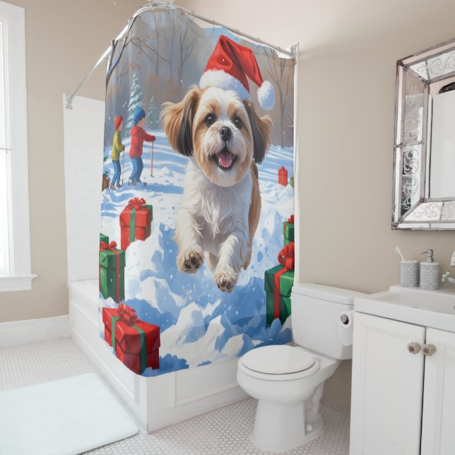 Shih Tzu läuft in Snow mit Weihnachtshut Duschvorhang (Beispiel)