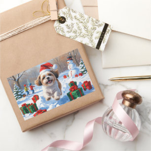 Shih Tzu läuft in Snow mit Weihnachtshut Rechteckiger Aufkleber