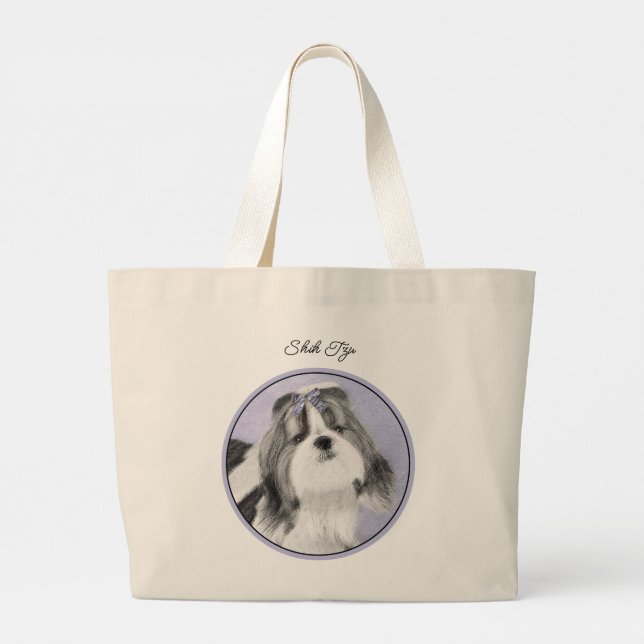 Shih Tzu Malerei Schwarz & Weiß Original Dog Art Jumbo Stoffbeutel (Rückseite)
