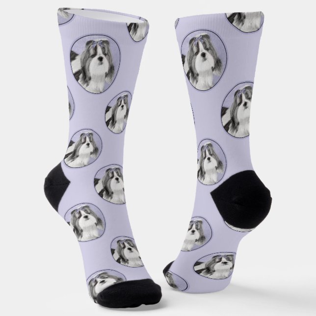 Shih Tzu Malerei Schwarz & Weiß Original Dog Art Socken (Gewinkelt)