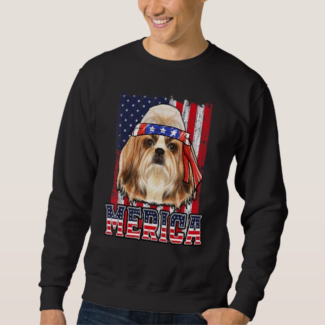 Shih Tzu Merica 4. Juli Dog Patriotische Flagge Sweatshirt (Vorderseite)