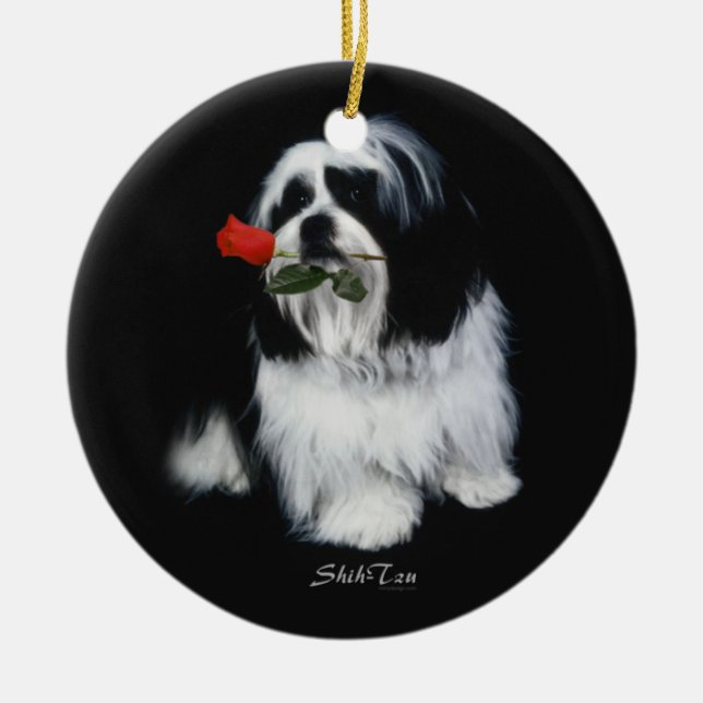 Shih Tzu mit Rose Keramik Ornament (Vorne)