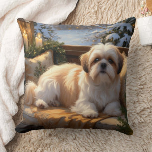 Shih Tzu mit Weihnachtsbeleuchtung Urlaub Kissen