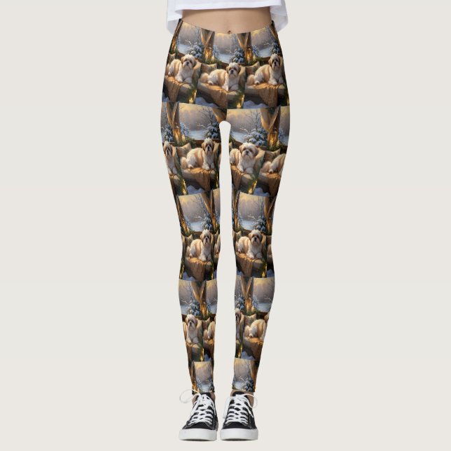 Shih Tzu mit Weihnachtsbeleuchtung Urlaub Leggings (Vorderseite)