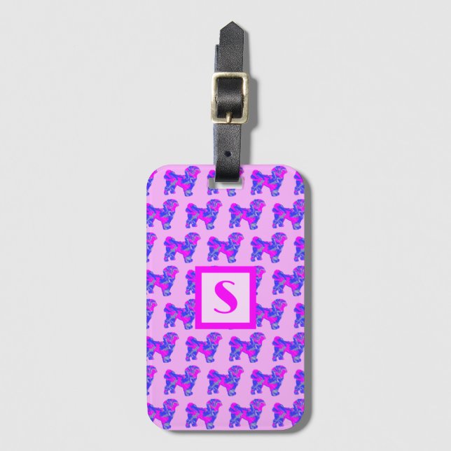 Shih Tzu Niedlich Hund Pink & Blue Silhouette Mono Gepäckanhänger (Vorderseite Vertikal)