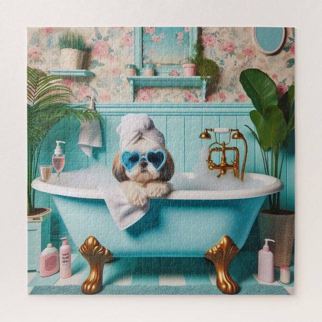 Shih Tzu nimmt ein Bubble Bath (Vertikal)