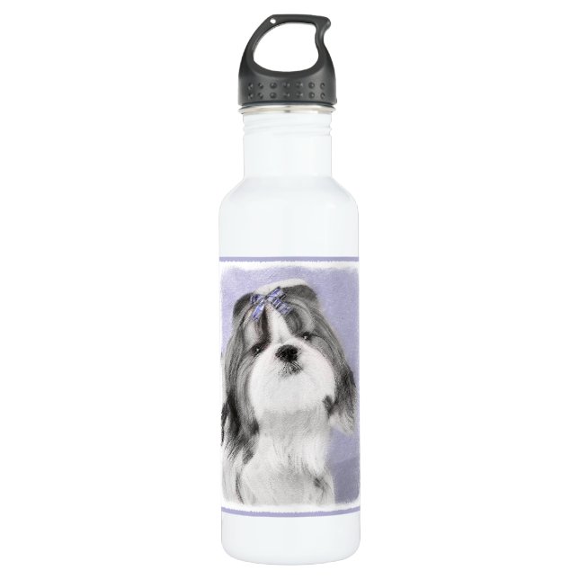 Shih Tzu Painting - Niedliche Original Dog Art Edelstahlflasche (Vorderseite)