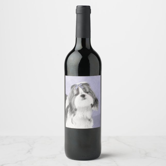 Shih Tzu Painting - Niedliche Original Dog Art Weinetikett (Vorderseite)
