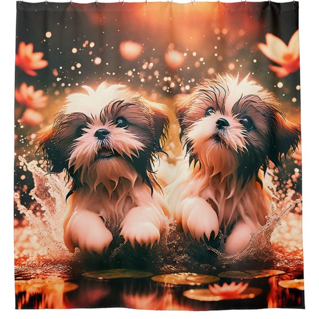 "Shih Tzu Pond Play" Duschvorhang (Vorderseite)