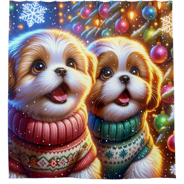 "Shih Tzu Puppies’ Santa Sighting" Duschvorhang (Vorderseite)