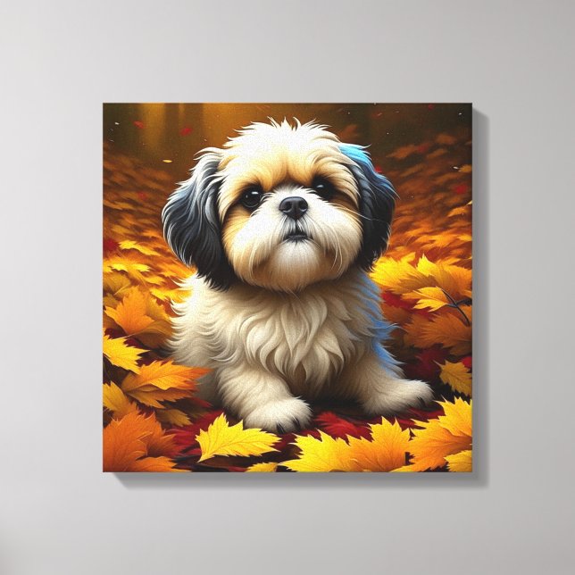 Shih Tzu Puppy Dog Spielen in Herbstlauben Leinwanddruck (Vorderseite)