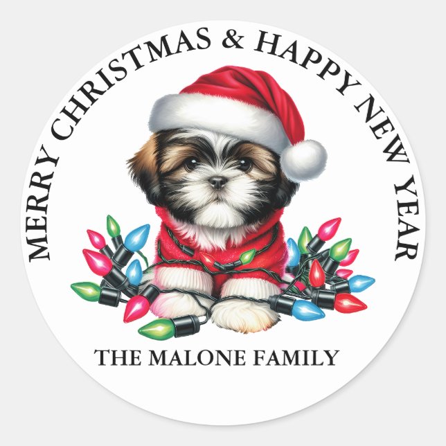 Shih Tzu Santa Paws kommt in die Stadt Runder Aufkleber (Vorderseite)