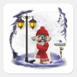 Shih Tzu Santa Snow Weihnachtsgeschenk Weihnachts- Quadratischer Aufkleber