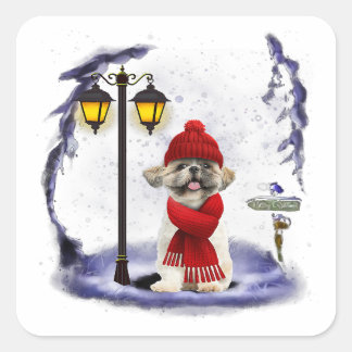 Shih Tzu Santa Snow Weihnachtsgeschenk Weihnachts- Quadratischer Aufkleber