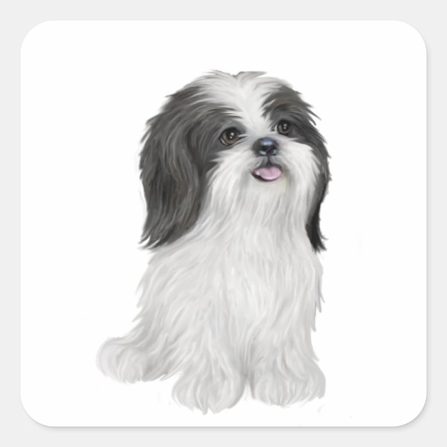 Shih Tzu - schwarz und weiß (von JF) Quadratischer Aufkleber (Vorderseite)