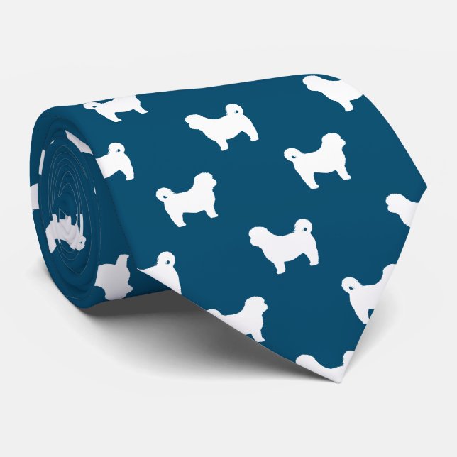 Shih Tzu Silhouetten Muster Blau und Weiß Krawatte (Gerollt)