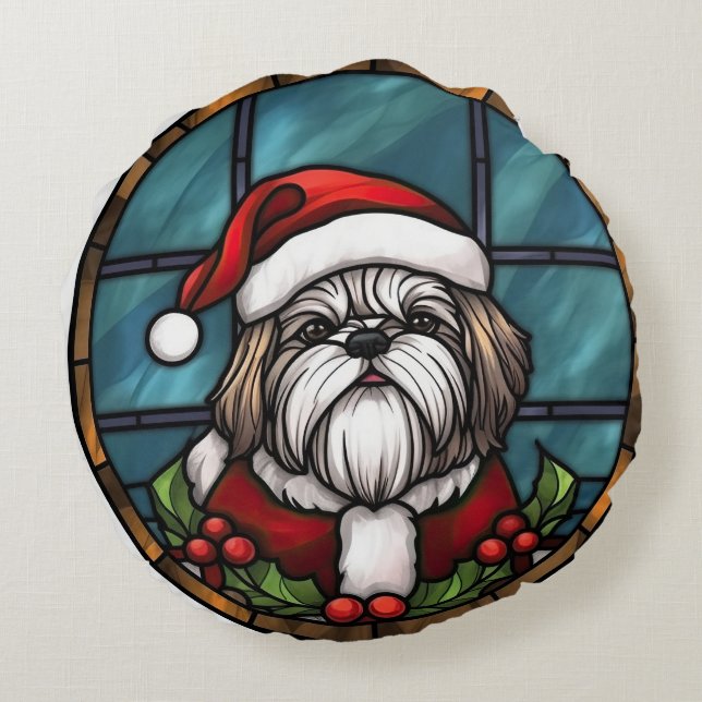 Shih Tzu Stached Glass Christmas Rundes Kissen (Rückseite)