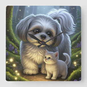 Shih Tzu und die verzauberte Kätzchenmauer Quadratische Wanduhr