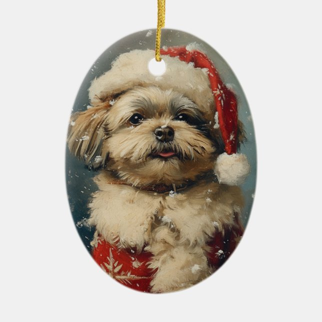 Shih Tzu Vintage Weihnachten Keramik Ornament (Vorne)