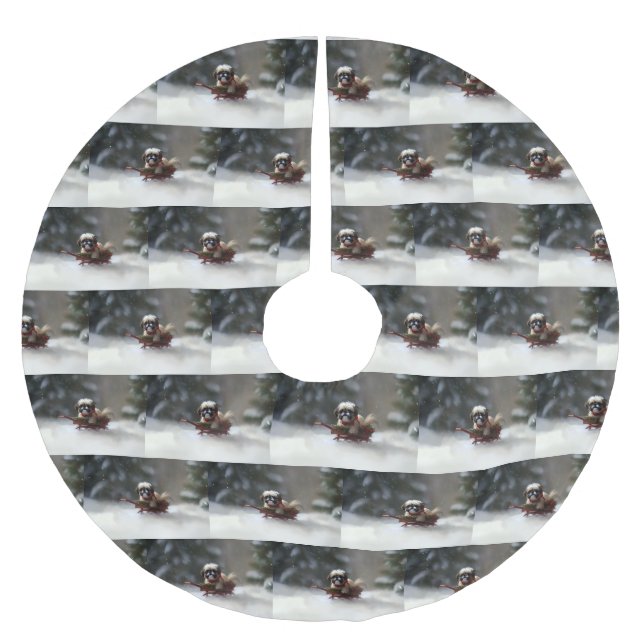 Shih Tzu Weihnachtsschnee Winter Polyester Weihnachtsbaumdecke (Vorderseite)