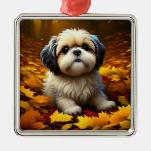 Shih Tzu-Welpe spielt in Herbstlaub   Ornament Aus Metall