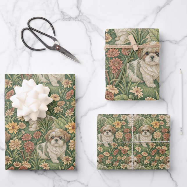 Shih Tzu Welpen in einem William Morris Style Gart Geschenkpapier Set (Vorderseite)