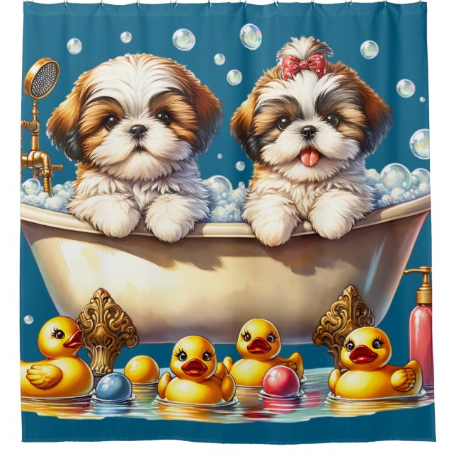 "Shih Tzu Welppies in Bubble Bath" Duschvorhang (Vorderseite)
