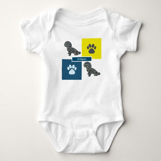 Shihpoo Dog & Paw Print Yellow Grid Silhouette Baby Strampler (Vorderseite)