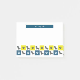 Shihpoo Dog & Paw Yellow & Blue Grid Silhouette Post-it Klebezettel