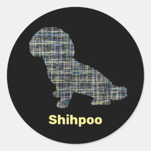 Shihpoo Hund Silhouette Gelb- und Schwarzgitterlin Runder Aufkleber