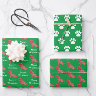 Shihpoo-Hund Silhouette Grün Frohe Woofmas Geschenkpapier Set
