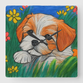 Shihtzu Welpenkrabbe sieht Kunstuhr aus Quadratische Wanduhr