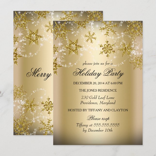 Shimmer Snowflake Gold Weihnachtsfeier Einladung (Vorne/Hinten)