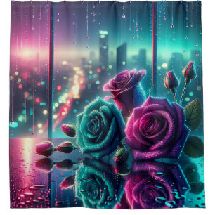 "Shimmering Raindrop Rose City Bokeh Art" Duschvorhang