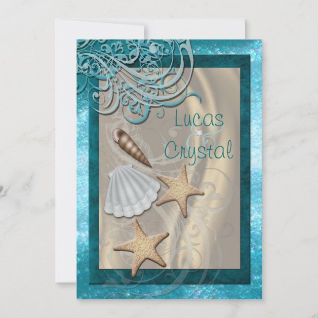 Shimmering Seashell Aquamarin Beach Hochzeitseinla Einladung (Vorderseite)