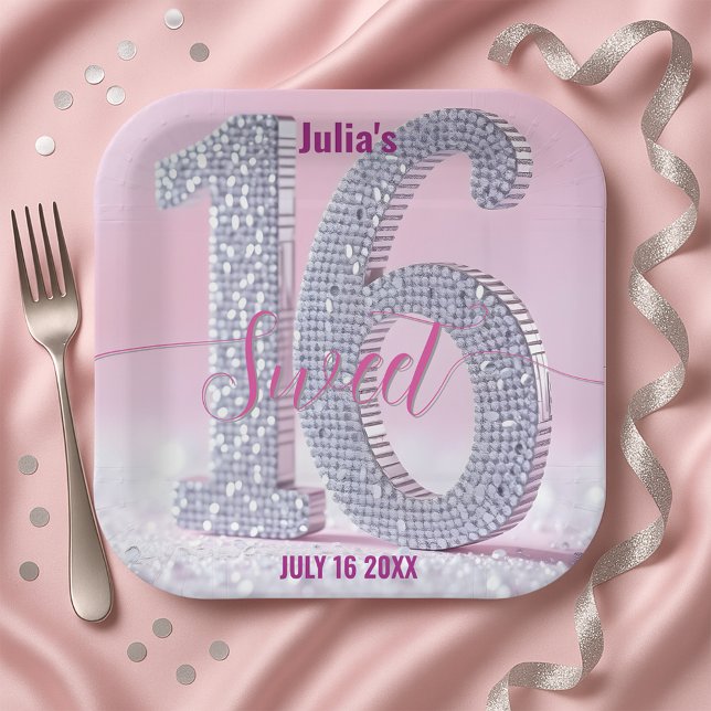 Shimmering Stylish Chic Rhinestone Sweet Sixteen Pappteller (Von Creator hochgeladen)