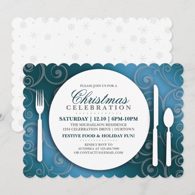 Shimmery Blue Christmas Dinner Party Einladung (Vorne/Hinten)
