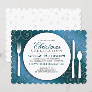 Shimmery Blue Christmas Dinner Party Einladung