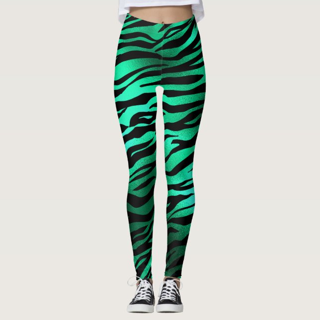 Shimmery Emerald Green Zebra/Tiger Print Leggings (Vorderseite)