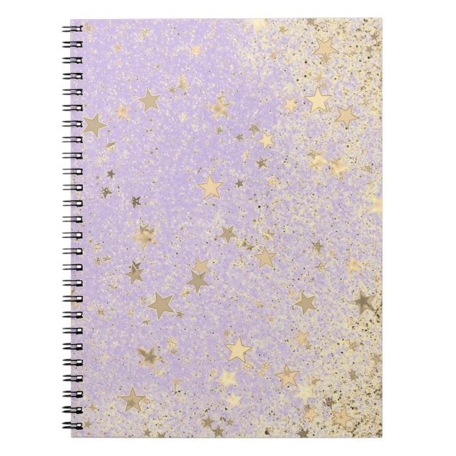 Shimmery Glittery Gold Stars auf dem Lavendel Notizblock (Vorderseite)