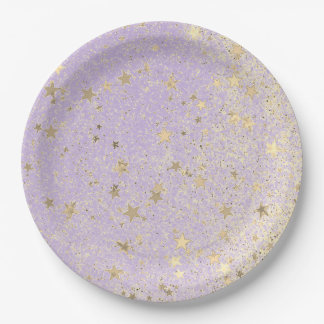 Shimmery Glittery Gold Stars auf dem Lavendel Pappteller