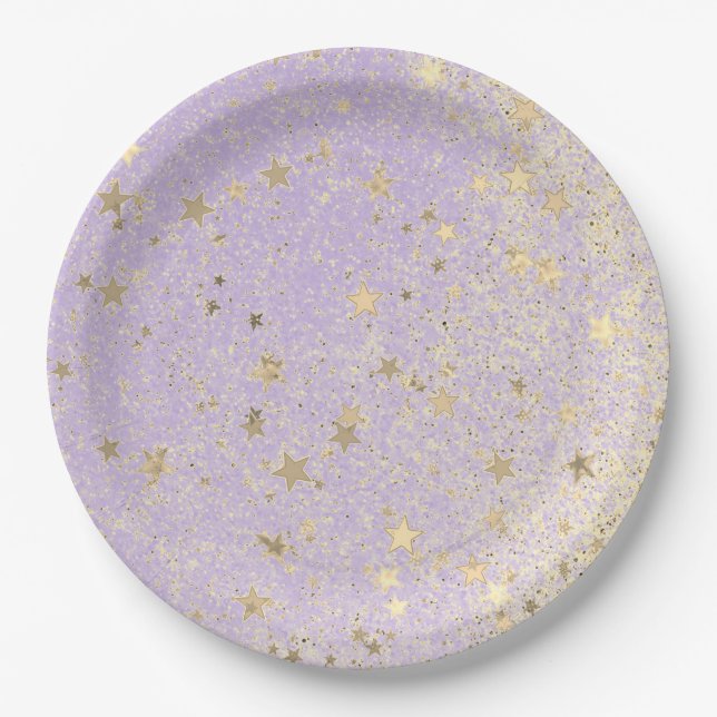 Shimmery Glittery Gold Stars auf dem Lavendel      Pappteller (Vorderseite)