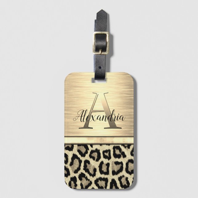 Shimmery Gold Monogram Leopard Gepäckanhänger (Vorderseite Vertikal)