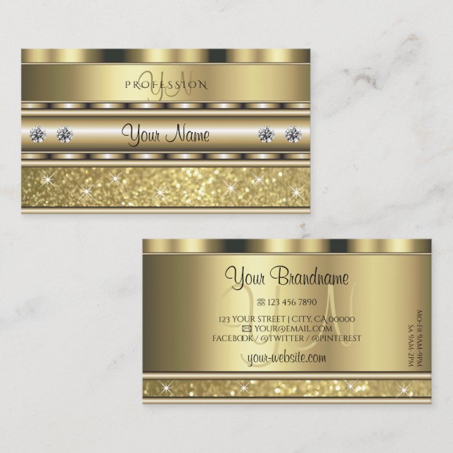 Shimmery Gold Sparkling Glitzer Monogram luxuriös Visitenkarte (Vorne/Hinten)