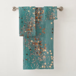 Shimmery Gold Stars auf Aquamarin Badhandtuch Set