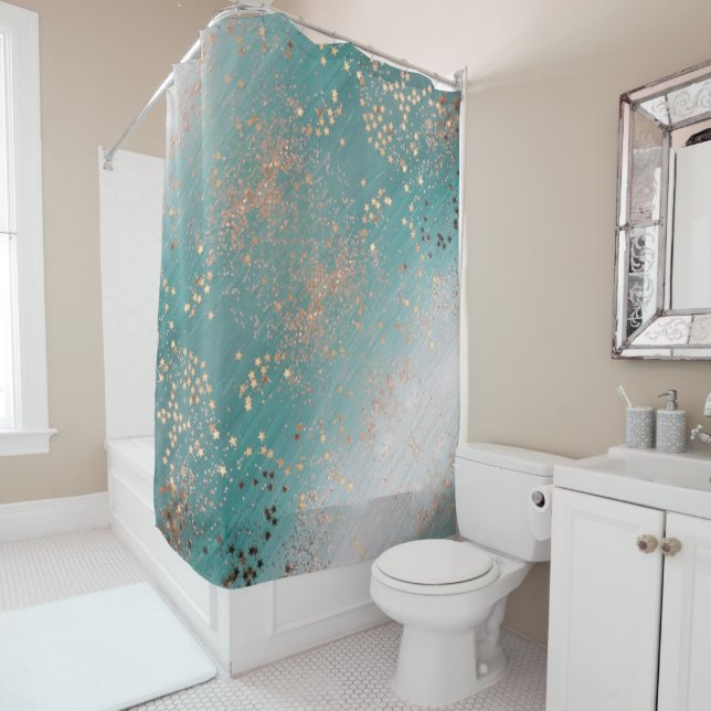 Shimmery Gold Stars auf Aquamarin  Duschvorhang (Beispiel)