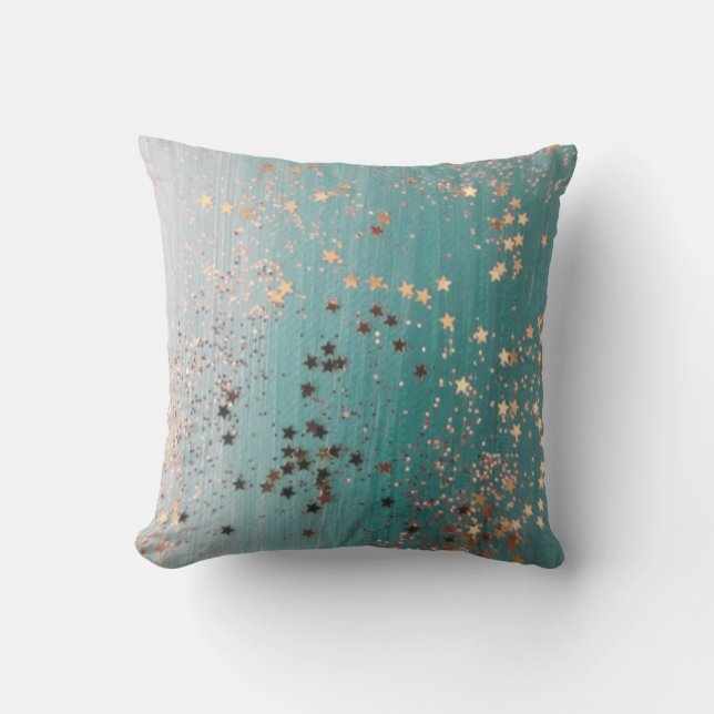 Shimmery Gold Stars auf Aquamarin  Kissen (Vorderseite)