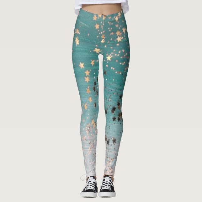 Shimmery Gold Stars auf Aquamarin  Leggings (Vorderseite)